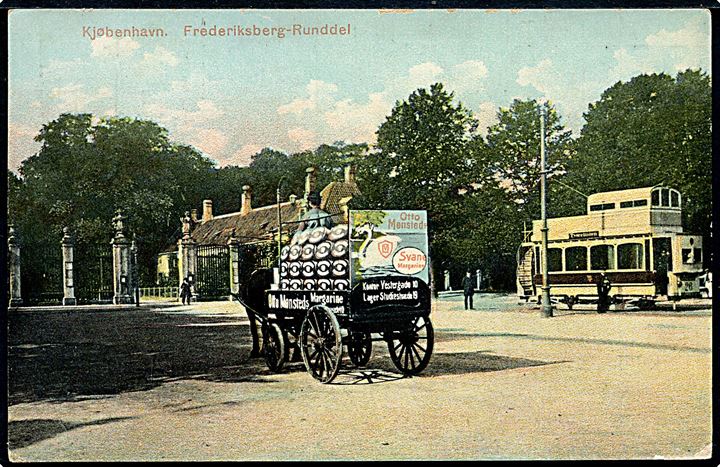 Købh., Frederiksberg Runddel med sporvogn og hestevogn med reklame for Otto Mønsted Margarine. Belgisk tiltryk på bagsiden.