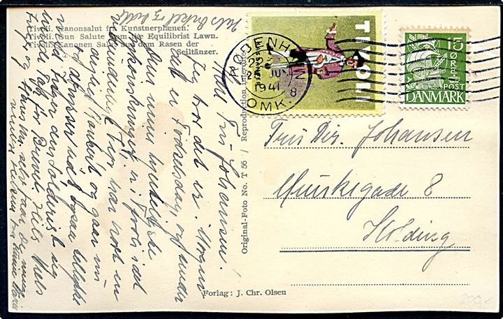 15 øre Karavel og Tivoli mærkat på brevkort fra København d. 25.6.1941 til Kolding.