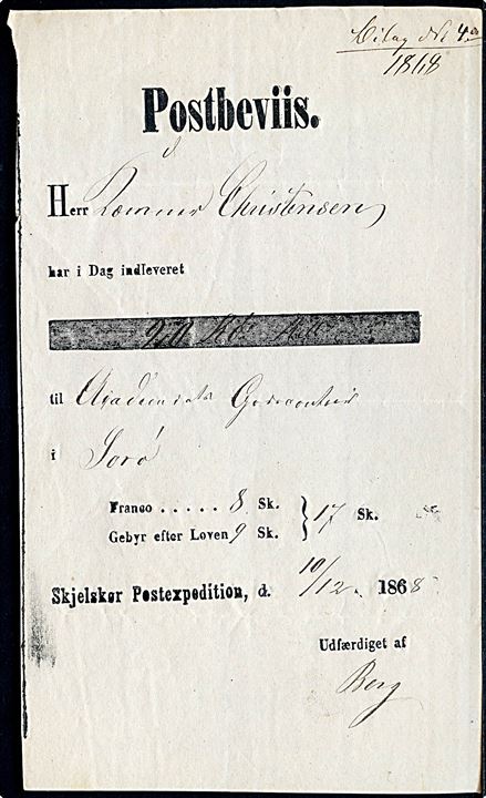 Fortrykt Postbeviis fra Skjelskør Postexpedition d. 10.12.1868 for afsendelse af postanvisning på 20 Rd. til Sorø. Betalt franco 8 sk. og 9 sk. gebyr = 17 sk.