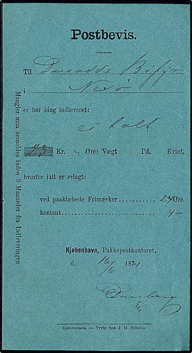 Postbevis fra Kjøbenhavns Pakkepostkontor d. 16.6.1871 for afsendelse af værdibrev til Dueodde Bifyr pr. Nexø, Bornholm. Påskrevet ei Talt.