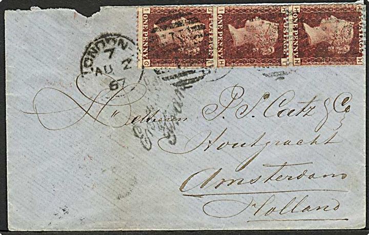 1d Victoria (3) på brev fra London d. 2.8.1867 til Amsterdam, Holland. Del af bagklap mgl.