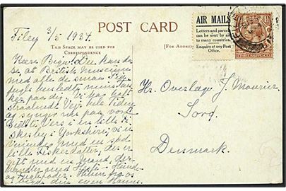 1½d George V og Air Mail-reklame i sammentrykt parstykke på brevkort fra Filey d. 3.5.1934 til Sorø, Danmark.