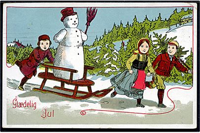 Julekort med 3 børn der trækker kælk med snemand. U/no. Anvendt 24.12.1905.
