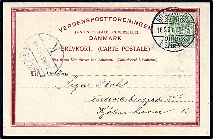 Ribe. Apotekets Gaard. H. Bentzon u/no. Anvendt med 5 øre våbentype, annulleret med Bureau stempel Bramminge - Vedsted T1061 d. 18.5.1904, sendt til København. 