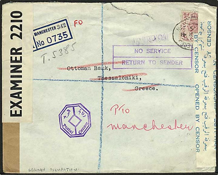 6d George VI single på anbefalet brev fra Manchester d. x.3.1941 til Thessaloniki, Grækenland. Åbnet af britisk og egyptisk censur. Retur med stempel No Service / Return to Sender pga. den tyske besættelse af Grækenland.