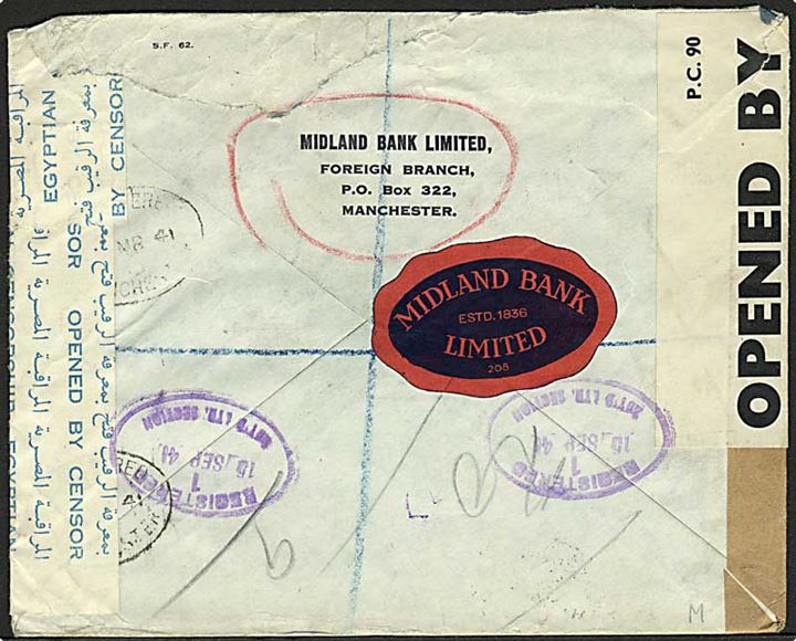 6d George VI single på anbefalet brev fra Manchester d. x.3.1941 til Thessaloniki, Grækenland. Åbnet af britisk og egyptisk censur. Retur med stempel No Service / Return to Sender pga. den tyske besættelse af Grækenland.