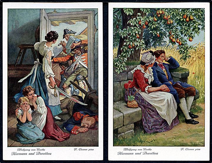 Hermann und Dorothea. Bog af Wolfgang v. Goethe. Komplet sæt (6 stk) kunstnerkort tegnet af F. Elssner. F. Ph. G. Serie 132.