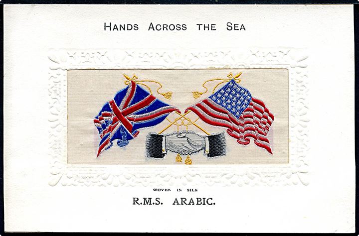 Arabic, S/S, White Star Line. Hands Across the Sea silkekort med det engelsk og amerikanske flag. 