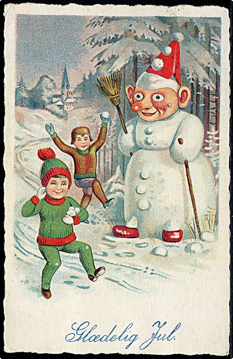 Julekort med 2 børn der bygger snemand. Ukendt tegner. no. 650.