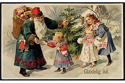 Julekort med julemand i blå kåbe, møder 3 børn. Ukendt tegner. U/no.