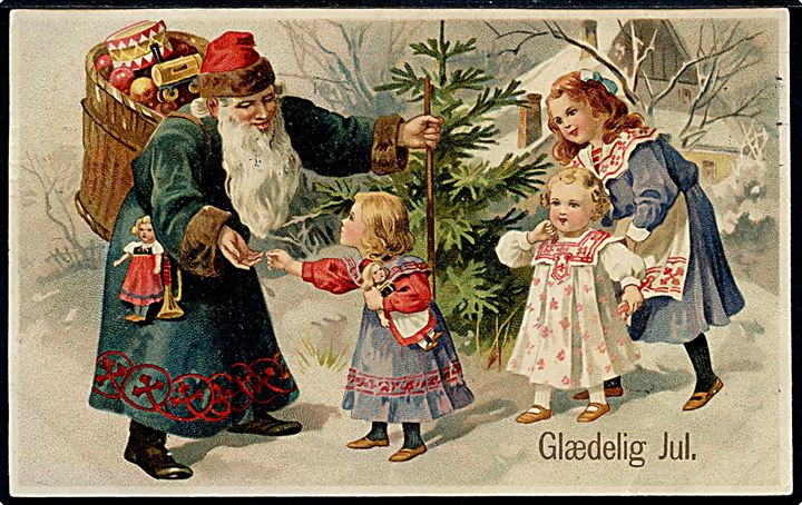 Julekort med julemand i blå kåbe, møder 3 børn. Ukendt tegner. U/no.