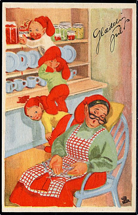 Illa Winkelhorn: Tegnet julekort. Nissemor er faldet i søvn og nissebørnene stjæler af syltetøjskrukken. F.D.B. serie no. 1202.