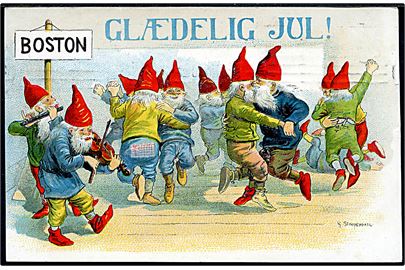 Georg Stoopendaal: Tegnet julekort. Der er julebal i nisseland!. Anvendt med 3 øre bølge og julemærke 1909, annulleret med båndmaskinstempel d. 24-12.1909. Sendt lokalt i København. 