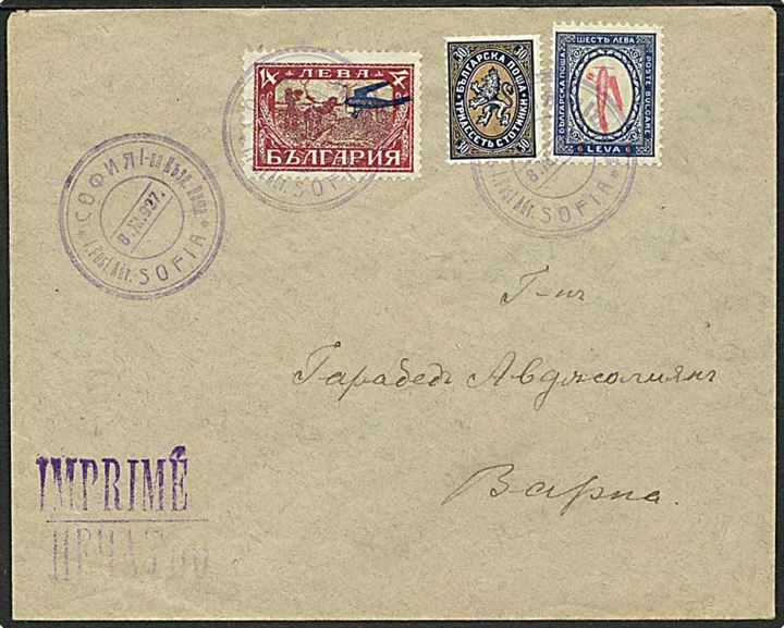 1 l. og 4 l. Luftpost provisorium, samt 30 l. Løve på tryksag annulleret med særstempel på 1. flyvningskuvert fra Sofia d. 8.11.1927 til Varna.