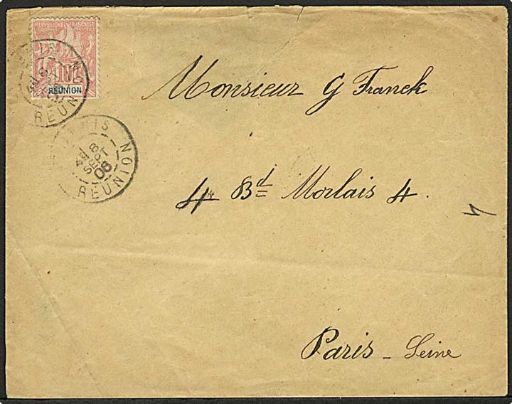 Reunion. 10 c. single på brev stemplet St. Denis d. 8.9.1906 til Paris, Frankrig.