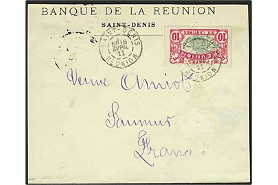 Reunion. 10 c. Landkort single på brev fra Saint Denis d. 16.4.1911 til Saumur, Frankrig.