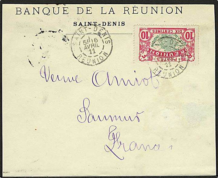 Reunion. 10 c. Landkort single på brev fra Saint Denis d. 16.4.1911 til Saumur, Frankrig.