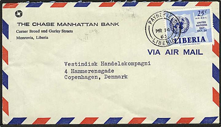 25 c. FN dag single på luftpostbrev fra Payne Field d. 14.3.1963 til København, Danmark.