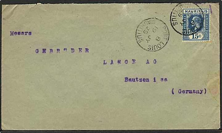 15 c George V single på brev fra Port Louis d. 19.7.1929 til Bautsen, Tyskland.