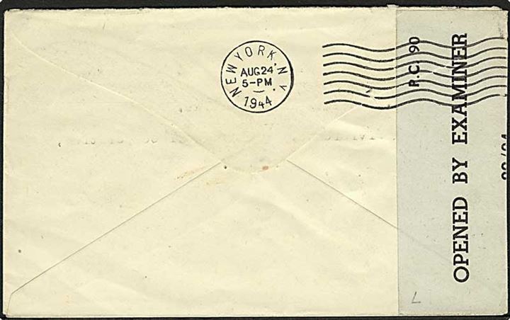 3d George V single på underfrankeret brev fra Accra d. 4.7.1944 til Detroit, USA. Udtakseret i 4 cents amerikansk porto. Åbnet af lokal censur på Guldkysten. PC90 00/34