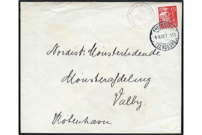 15 øre Karavel på brev annulleret med bureaustempel Fredericia - Flensborg sn3 T.969 d. 5.11.1934 og sidestemplet med posthornstempel Nørre Hostrup (Røde Kro) til Valby.
