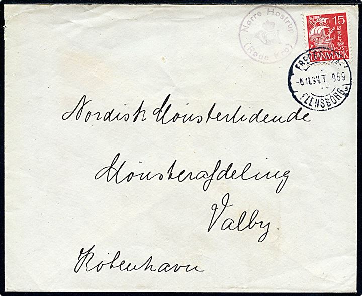 15 øre Karavel på brev annulleret med bureaustempel Fredericia - Flensborg sn3 T.969 d. 5.11.1934 og sidestemplet med posthornstempel Nørre Hostrup (Røde Kro) til Valby.