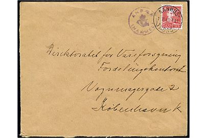 20 øre Chr. X på brev annulleret med bureaustempel Aarhus - Thorsø T.14 d. 1.11.1946 og sidestemplet med posthornstempel ANBÆK (HAMMEL) til København.