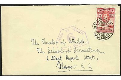 1½d George VI på brev fra Accra d. 25.10.1940 til Galsgow, Scotland. Violet censurstempel: Passed by Censor 5 Gold Coast.
