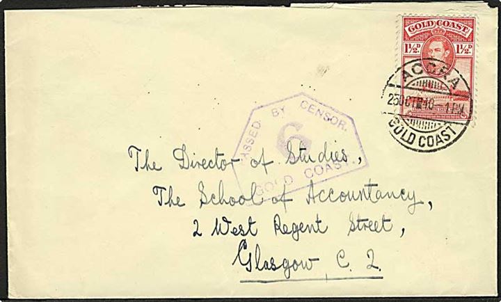 1½d George VI på brev fra Accra d. 25.10.1940 til Galsgow, Scotland. Violet censurstempel: Passed by Censor 5 Gold Coast.