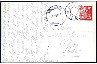15 øre Karavel på brevkort annulleret med udslebet stjernestempel GULDBORG FL. og sidestemplet Nørre-Alslev d. 11.5.1940 til Holte.