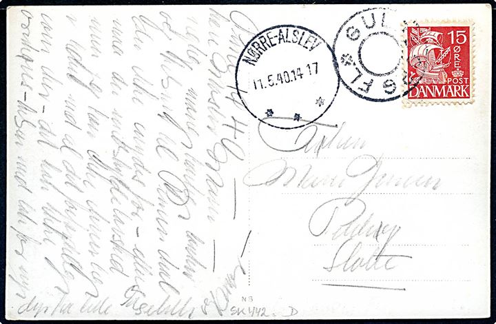 15 øre Karavel på brevkort annulleret med udslebet stjernestempel GULDBORG FL. og sidestemplet Nørre-Alslev d. 11.5.1940 til Holte.