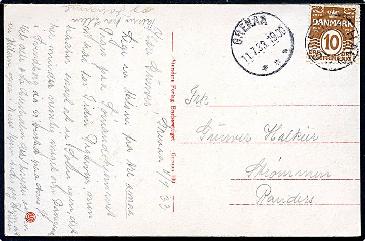 10 øre Bølgelinie (rift) på brevkort ( Badehotellet Grenaa Strand) annulleret med udslebet stjernestempel GRENAA HAVN og sidestemplet Grenaa d. 11.7.1933 til Randers.