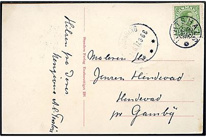 5 øre Chr. X på brevkort (Hirtshals fyr) annulleret med stjernestempel HIRTSHALS og sidestemplet Hjørring d. 26.6.1917 til Gamby.