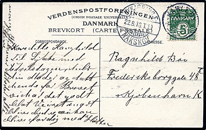 5 øre Bølgelinie på brevkort annulleret med stjernestempel VESTER-KARLEBY og sidestemplet bureau Nykjøbing F. - Nakskov T.10 d. 22.8.1916 til København.