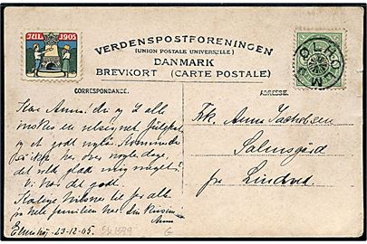 5 øre Våben og Julemærke 1905 på brevkort (Nørre Snede, Mindesten for bataljen d. 9.6.1849) dateret d. 23.12.1905 og annulleret med stjernestempel ØLHOLM til Lindved.