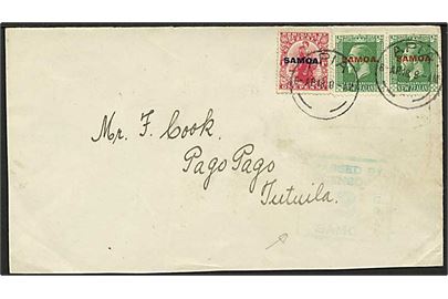½d (par) og 1d Samoa Provisorium på brev fra Apia d. 6.4.1918 til Pago Pago, Tutuila. Svagt censurstempel: Passed by Censor 3 G.R.I. Samoa.