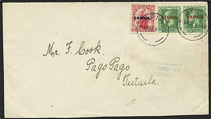 ½d (par) og 1d Samoa Provisorium på brev fra Apia d. 6.4.1918 til Pago Pago, Tutuila. Svagt censurstempel: Passed by Censor 3 G.R.I. Samoa.