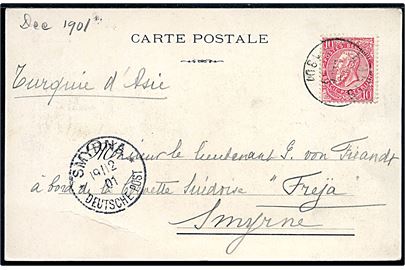 Belgisk 10 c. på brevkort fra Engis d. 13.12.1901 til løjtnant G. von Fieandt ombord på den svenske korvet Freja under togt i Middelhavet. Ank.stemplet ved det tyske postkontor i Smyrna, Tyrkiet. 