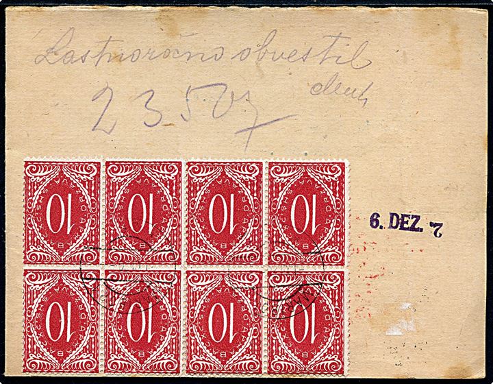 Postal formular med Slovenien 10 v. Portomærke i 8-blok stemplet Maribor d. 1.12.1920.