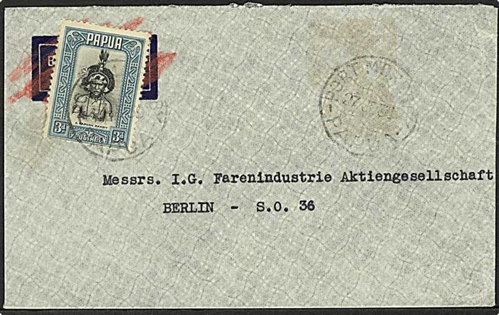 3d Indfødt single på brev fra Port Moresby d. 27.6.1931 til Berlin, Tyskland.