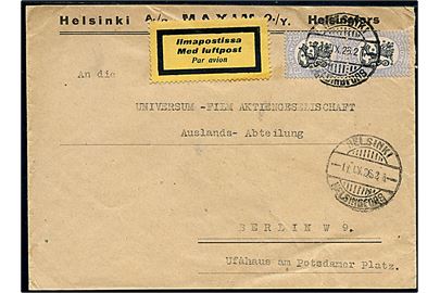 3 mk. Løve i parstykke på luftpostbrev fra Helsingfors d. 11.9.1926 til Berlin, Tyskland.
