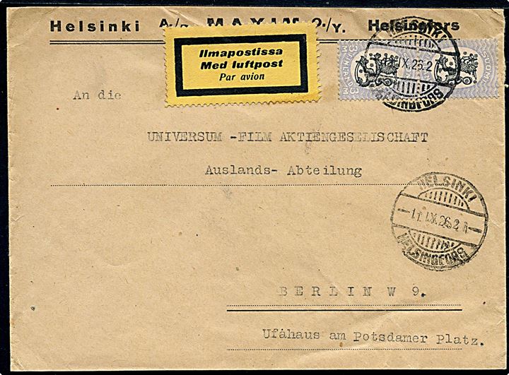 3 mk. Løve i parstykke på luftpostbrev fra Helsingfors d. 11.9.1926 til Berlin, Tyskland.