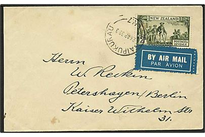 2 sh. Capt. Cook single på luftpostbrev fra Waipukurau d. 26.4.1939 til Berlin, Tyskland.