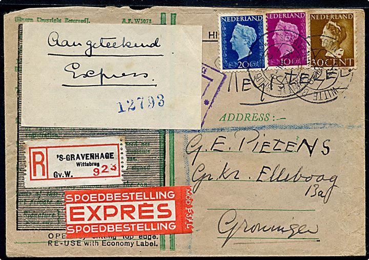 10 nc., 20 c. og 30 c. på britisk tjenestekuvert fra Military Permit Office sendt som anbefalet ekspres fra 'S-Gravenhage d. 15.7.1948 til Groningen. 