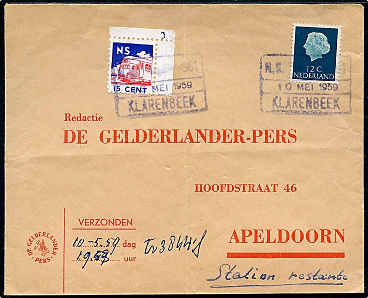 12 c. Juliana og 15 c. NS jernbanemærke på blandingsfrankeret brev annulleret N.S. 861 Klarenbeek d. 10.5.1959 til Apeldoorn.