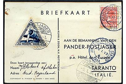 Hollandsk 7½ c. og Hollandsk Ostindien 30 c. Luftpost udg. på Pander-Postjager brevkort fra Oud-Beijerland d. 21.12.1933. Særligt kort fremstillet i forbindelse med mekanisk nedbrud af flyvningen i Taranto, Italien.