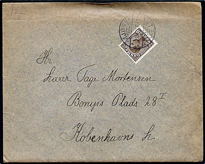 20 øre Chr. X på brev annulleret med bureau Kjøge - Faxe Lp. T.3 d. 3.12.1925 til København.