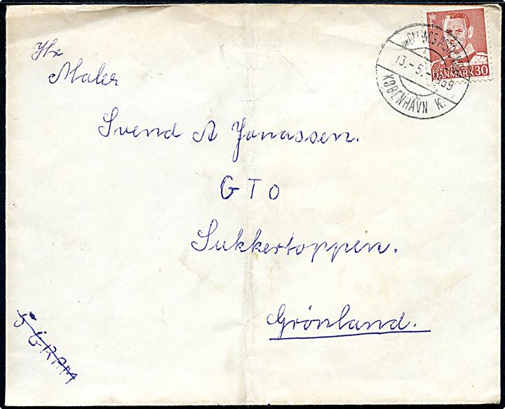 30 øre Fr. IX på brev oprindelig mærket 5 Gram (overstreget) annulleret Grønlands Postkontor København K. d. 13.5.1959 til Sukkertoppen, Grønland. Lodret fold.