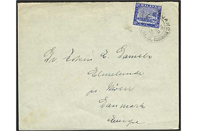 Selangor. 12 c. single på brev annulleret med svagt stempel ...jang d. 18.3.1938 til Elmelunde på Møn, Danmark.