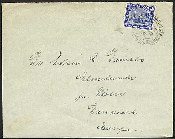 Selangor. 12 c. single på brev annulleret med svagt stempel ...jang d. 18.3.1938 til Elmelunde på Møn, Danmark.